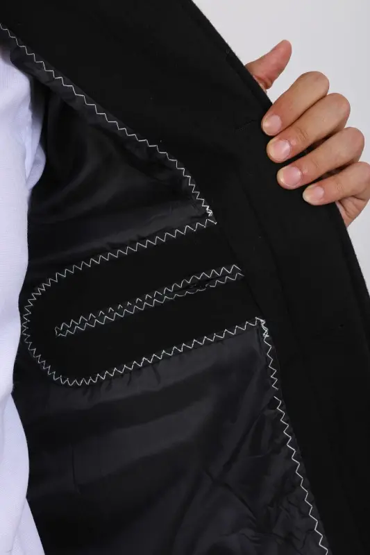 Men's Black Slim Fit Wool Blend Cashmere Shirt Collar Coat - 5