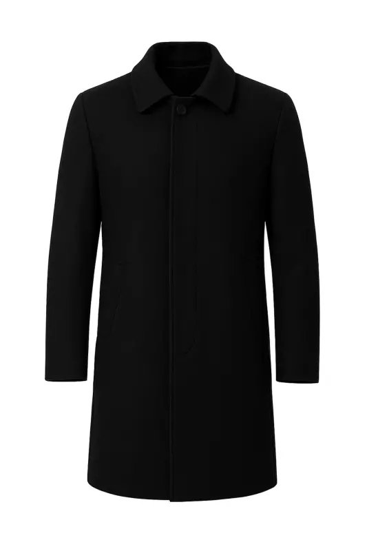 Men's Black Slim Fit Wool Blend Cashmere Shirt Collar Coat - 8