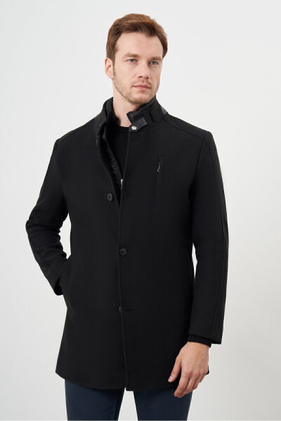 Men's Black Snap Button Notch Lapel Dynamic Fit Tweed Coat - 2