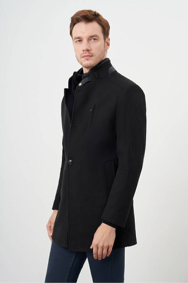 Men's Black Snap Button Notch Lapel Dynamic Fit Tweed Coat - 3