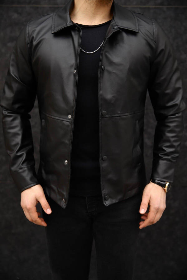 Men's Black Snap Button Seasonal Leather Jacket - 1