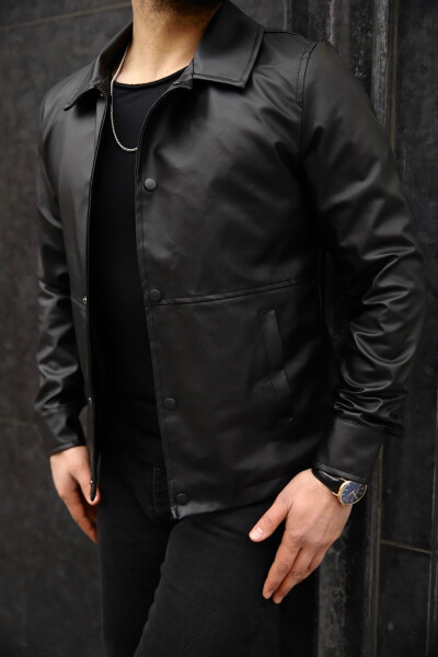 Men's Black Snap Button Seasonal Leather Jacket - 2