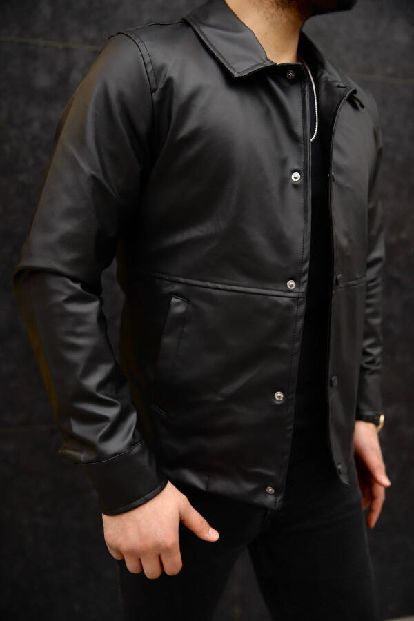 Men's Black Snap Button Seasonal Leather Jacket - 3