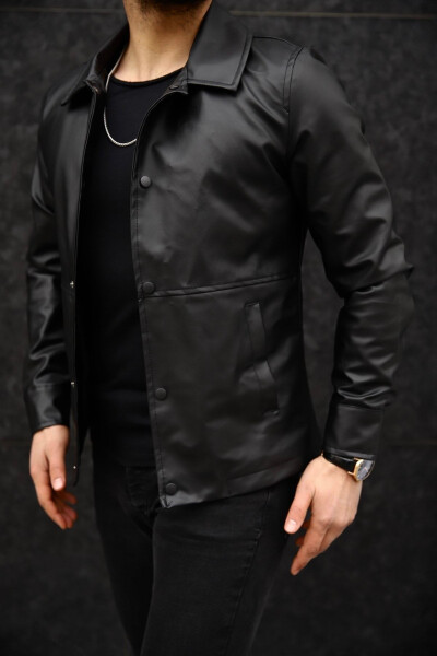 Men's Black Snap Button Seasonal Leather Jacket - 4