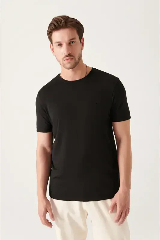 Men's Black Soft Touch Crew Neck Plain Modal T-Shirt - 1