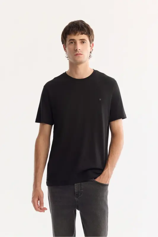 Men's Black Soft Touch Crew Neck Plain Modal T-Shirt - 1