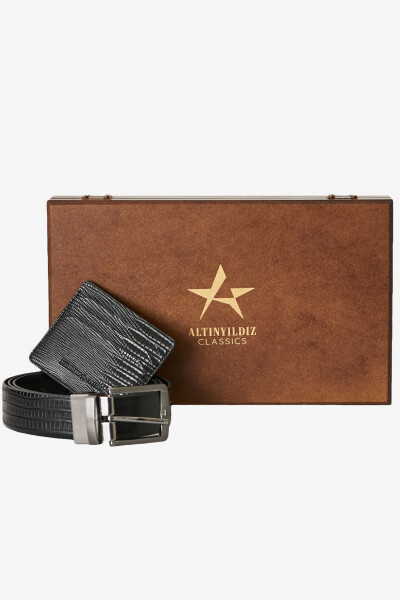 Men's Black Special Wooden Gift Boxed Belt - Card Holder Accessory Set Groom's Box - 1