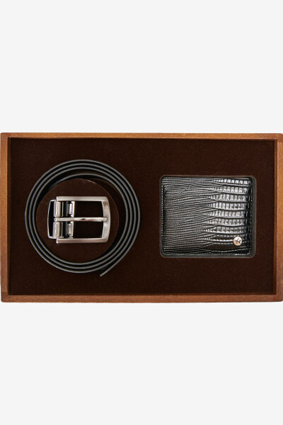 Men's Black Special Wooden Gift Boxed Belt - Card Holder Accessory Set Groom's Box - 3