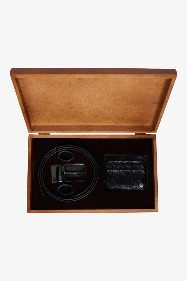 Men's Black Special Wooden Gift Boxed Belt - Card Holder Accessory Set Groom's Box - 6