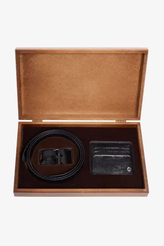 Men's Black Special Wooden Gift Boxed Belt - Card Holder Accessory Set Groom's Box - ALTINYILDIZ CLASSICS