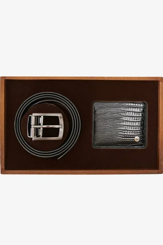 Men's Black Special Wooden Gift Boxed Belt - Card Holder Accessory Set Groom's Box - 2