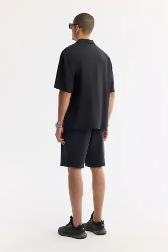 Men's Black Stand-up Collar Modal Blend Short Sleeve Shirt - 4