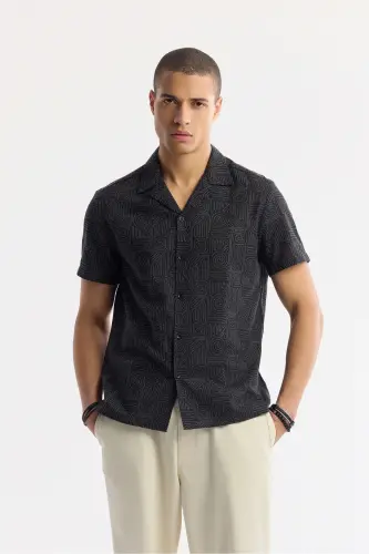 Men's Black Stand-up Collar Patterned Short Sleeve Shirt A51Y 