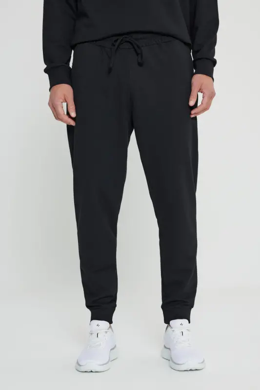 Men's Black Standard Fit Regular Cut 2-Thread Pocket Comfortable Recycled Cotton Jogger Sweatpants - 5