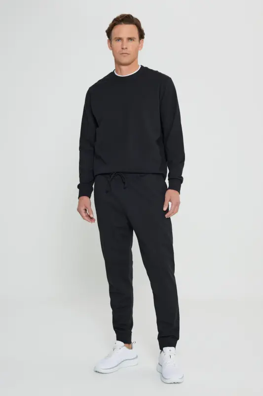 Men's Black Standard Fit Regular Cut 2-Thread Pocket Comfortable Recycled Cotton Jogger Sweatpants - 6