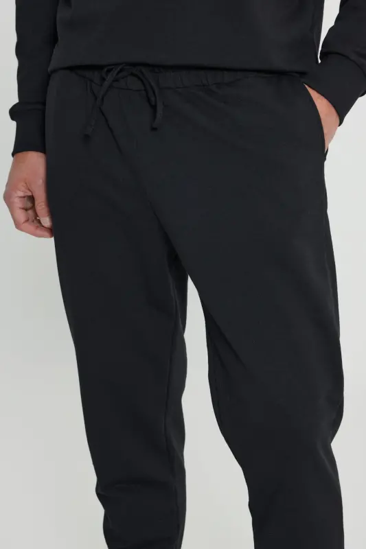 Men's Black Standard Fit Regular Cut 2-Thread Pocket Comfortable Recycled Cotton Jogger Sweatpants - 7