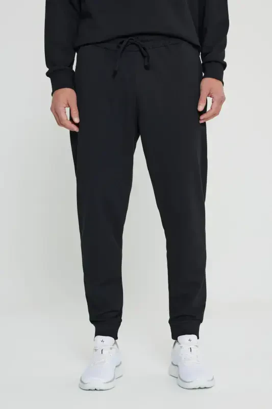 Men's Black Standard Fit Regular Cut 2-Thread Pocket Comfortable Recycled Cotton Jogger Sweatpants - 4