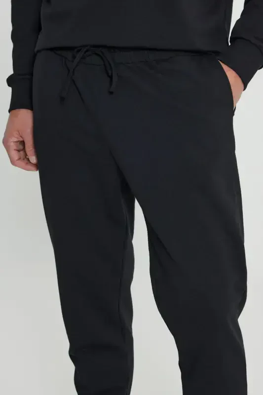Men's Black Standard Fit Regular Cut 2-Thread Pocket Comfortable Recycled Cotton Jogger Sweatpants - 6