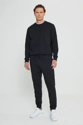 Men's Black Standard Fit Regular Cut 2-Thread Pocket Comfortable Recycled Cotton Jogger Sweatpants - 5