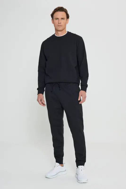 Men's Black Standard Fit Regular Cut 2-Thread Pocket Comfortable Recycled Cotton Jogger Sweatpants - 5