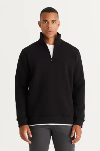Men's Black Standard Fit Regular Cut Fleece Lined Zippered Stand-up Collar Cotton Sweatshirt - Black - 2