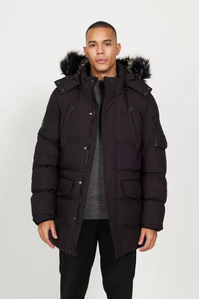 Men's Black Standard Fit Regular Cut Hooded Patterned Coat - ALTINYILDIZ CLASSICS