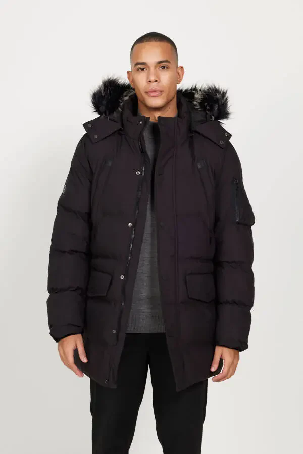 Men's Black Standard Fit Regular Cut Hooded Patterned Coat - 1