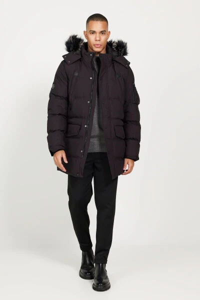 Men's Black Standard Fit Regular Cut Hooded Patterned Coat - ALTINYILDIZ CLASSICS (1)