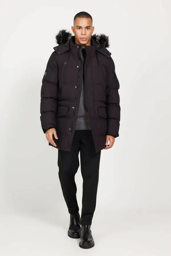 Men's Black Standard Fit Regular Cut Hooded Patterned Coat - 2