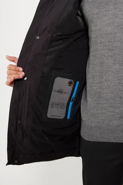 Men's Black Standard Fit Regular Cut Hooded Patterned Coat - 3