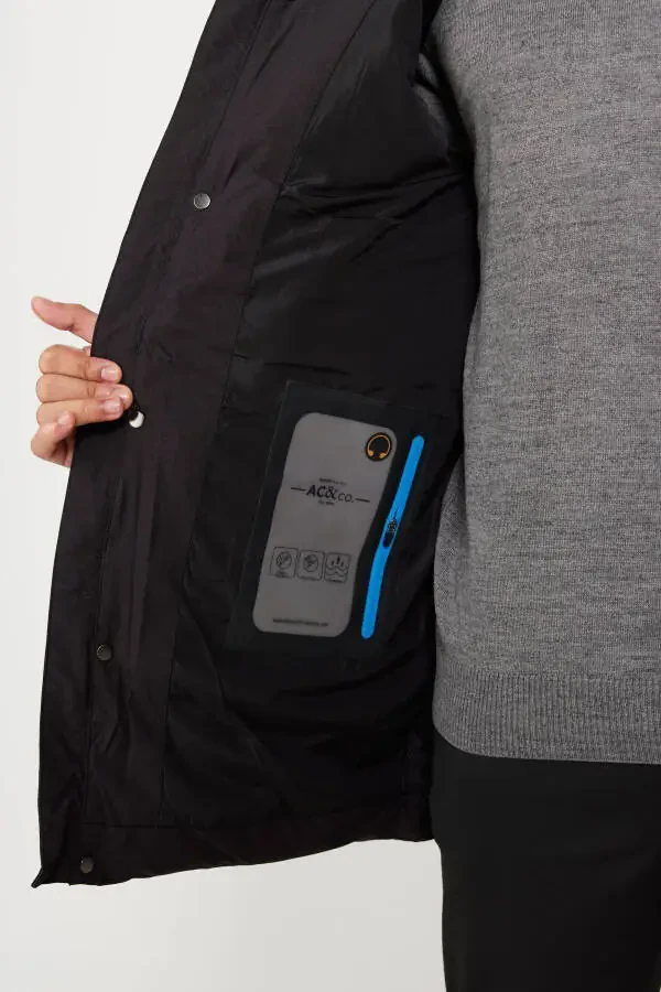 Men's Black Standard Fit Regular Cut Hooded Patterned Coat - 3