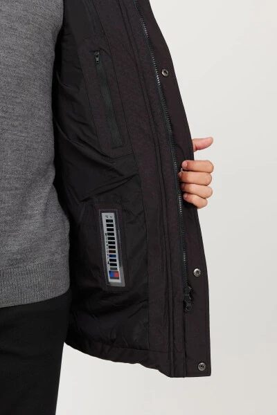 Men's Black Standard Fit Regular Cut Hooded Patterned Coat - 4