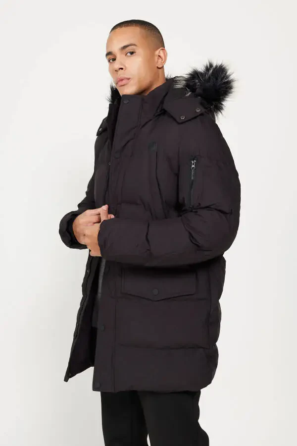 Men's Black Standard Fit Regular Cut Hooded Patterned Coat - 5
