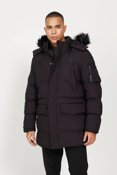 Men's Black Standard Fit Regular Cut Hooded Patterned Coat - 6