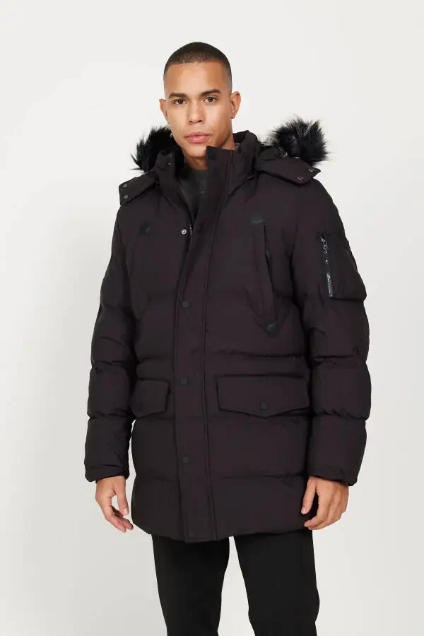 Men's Black Standard Fit Regular Cut Hooded Patterned Coat - 6