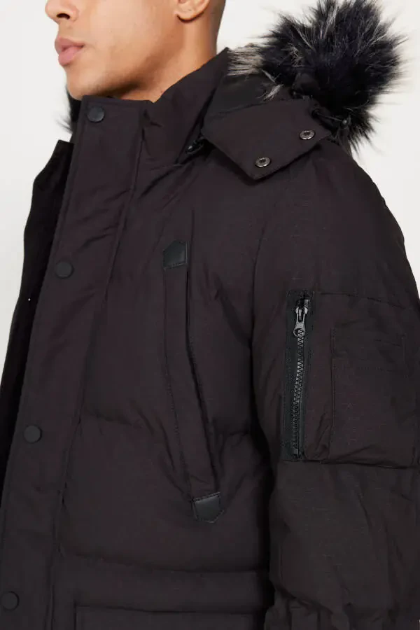 Men's Black Standard Fit Regular Cut Hooded Patterned Coat - 7