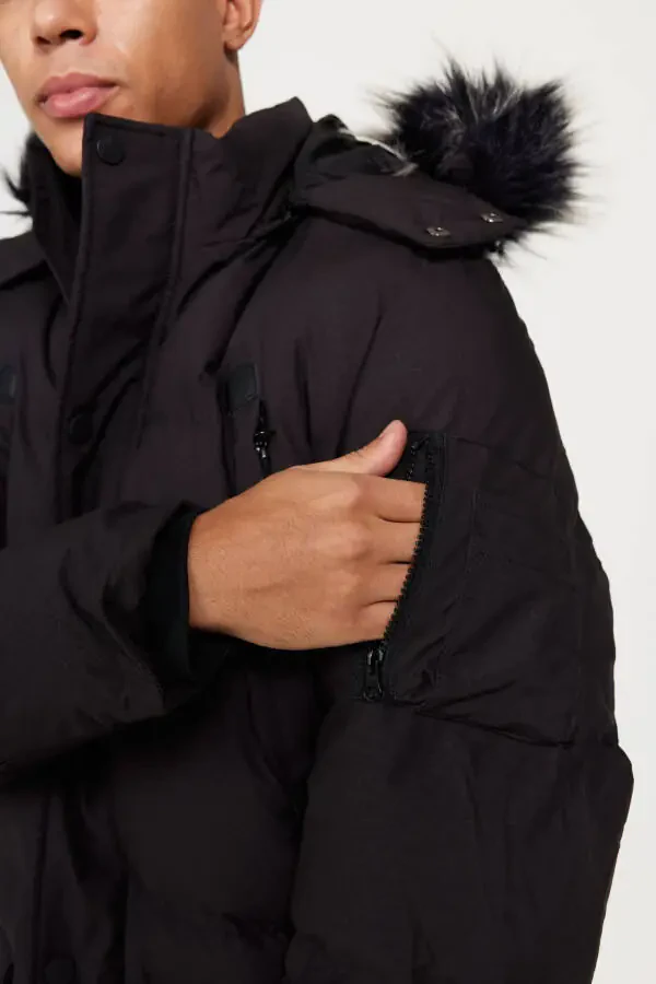 Men's Black Standard Fit Regular Cut Hooded Patterned Coat - 8