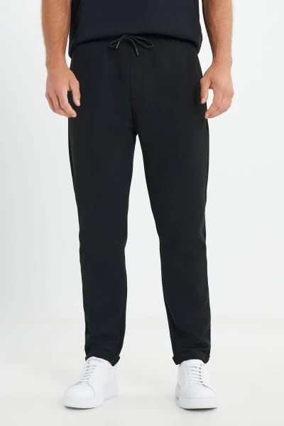 Men's Black Standard Fit Regular Cut Pocketed Stretch Knitted Trousers - 1
