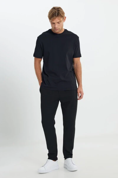 Men's Black Standard Fit Regular Cut Pocketed Stretch Knitted Trousers - 3