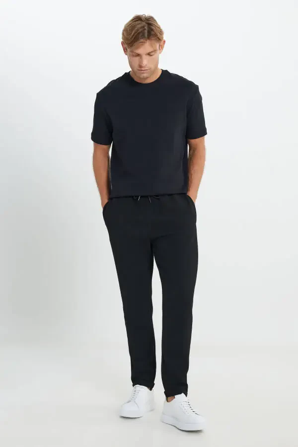 Men's Black Standard Fit Regular Cut Pocketed Stretch Knitted Trousers - 4