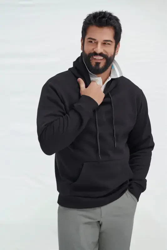 Men's Black Standard Fit Regular Cut Polar Lined 3 Thread Hooded Cotton Sweatshirt-Black - 1