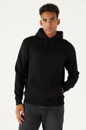 Men's Black Standard Fit Regular Cut Polar Lined 3 Thread Hooded Cotton Sweatshirt-Black - 7
