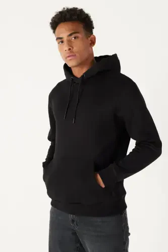 Men's Black Standard Fit Regular Cut Polar Lined 3 Thread Hooded Cotton Sweatshirt-Black - 8