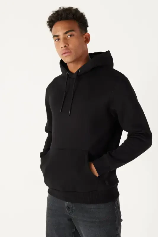 Men's Black Standard Fit Regular Cut Polar Lined 3 Thread Hooded Cotton Sweatshirt-Black - 8