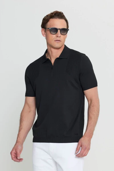 Men's Black Standard Fit Regular Cut Polo Neck Jacquard Knitted T-Shirt - ALTINYILDIZ CLASSICS