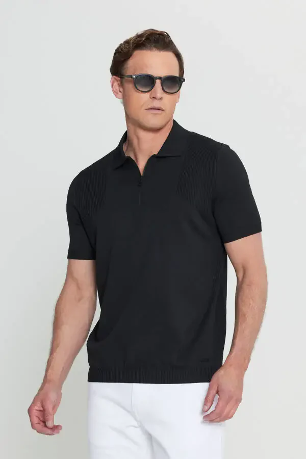 Men's Black Standard Fit Regular Cut Polo Neck Jacquard Knitted T-Shirt - 1