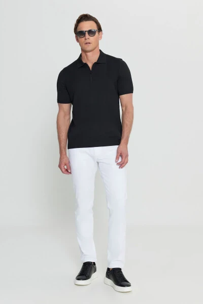 Men's Black Standard Fit Regular Cut Polo Neck Jacquard Knitted T-Shirt - ALTINYILDIZ CLASSICS (1)