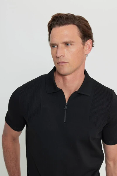 Men's Black Standard Fit Regular Cut Polo Neck Jacquard Knitted T-Shirt - 4