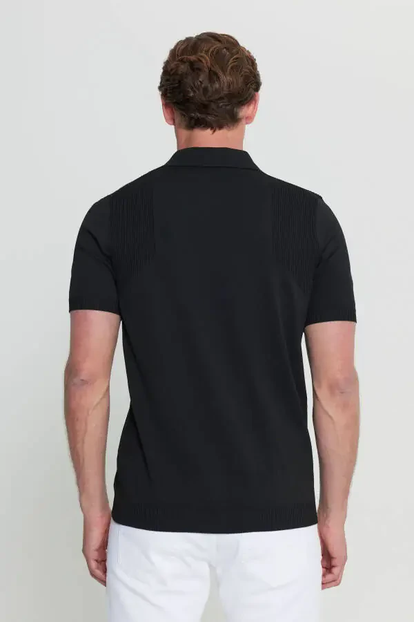 Men's Black Standard Fit Regular Cut Polo Neck Jacquard Knitted T-Shirt - 5