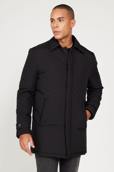 Men's Black Standard Fit Regular Cut Shirt Collar Coat - 1